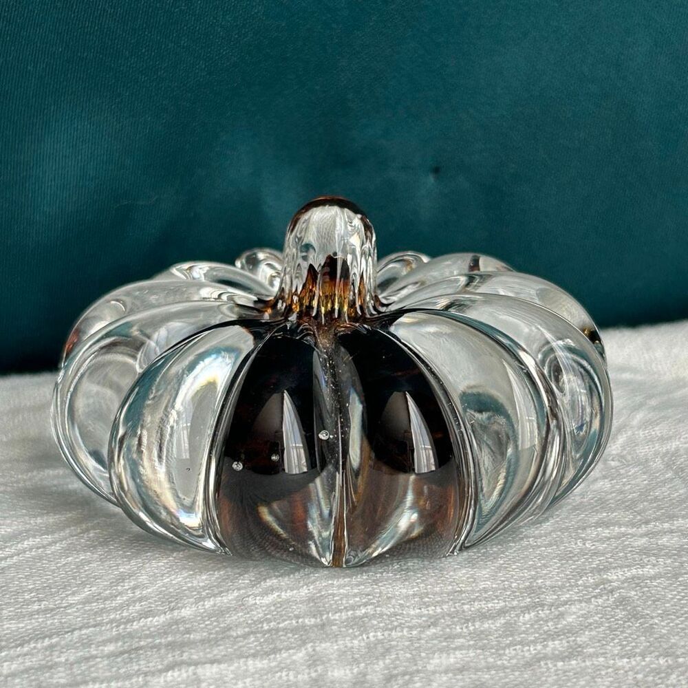 Art Glass Clear Amber Pumpkin Signed Paperweight